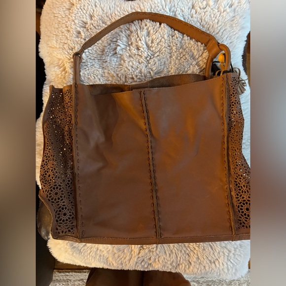 The Sak Lt Brown Moroccan Trim Los Feliz Leather Purse Large Hobo Tote Bag - Picture 2 of 7